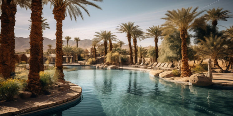 Mirage-like oasis with palm trees and a shimmering pool in the arid desert - Starpik Stock