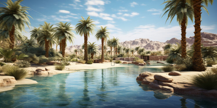 Mirage-like oasis with palm trees and a shimmering pool in the arid desert - Starpik Stock