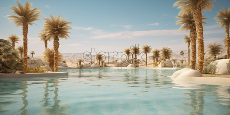 Mirage-like oasis with palm trees and a shimmering pool in the arid desert - Starpik Stock