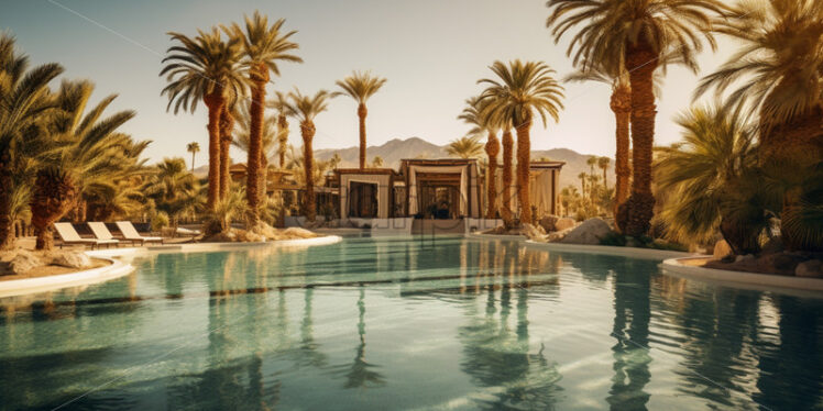 Mirage-like oasis with palm trees and a shimmering pool in the arid desert - Starpik Stock