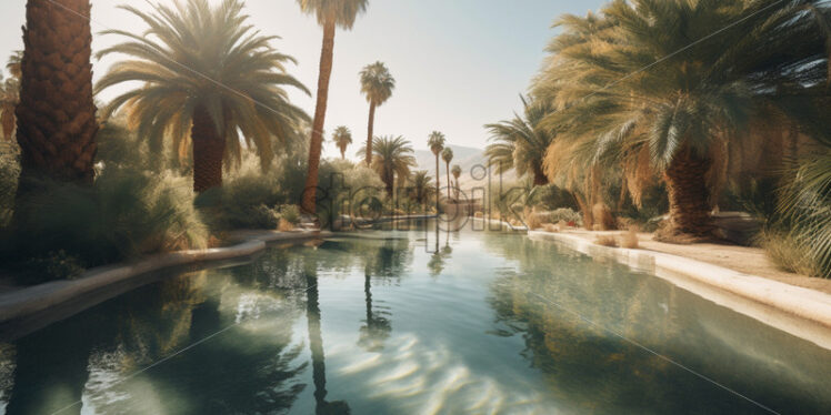 Mirage-like oasis with palm trees and a shimmering pool in the arid desert - Starpik Stock