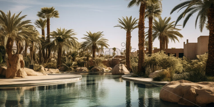 Mirage-like oasis with palm trees and a shimmering pool in the arid desert - Starpik Stock