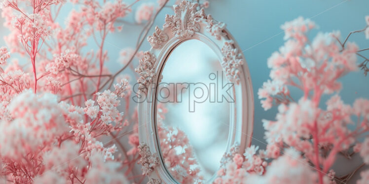 Mirror with vintage pastel flowers mockup background - Starpik Stock