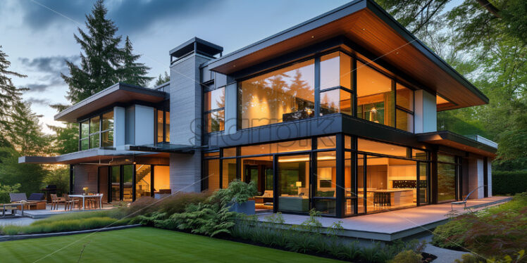 Modern house with warm dusk glow. - Starpik Stock