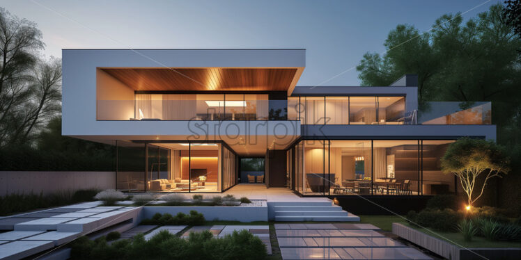 Modern two-story house at dusk - Starpik Stock