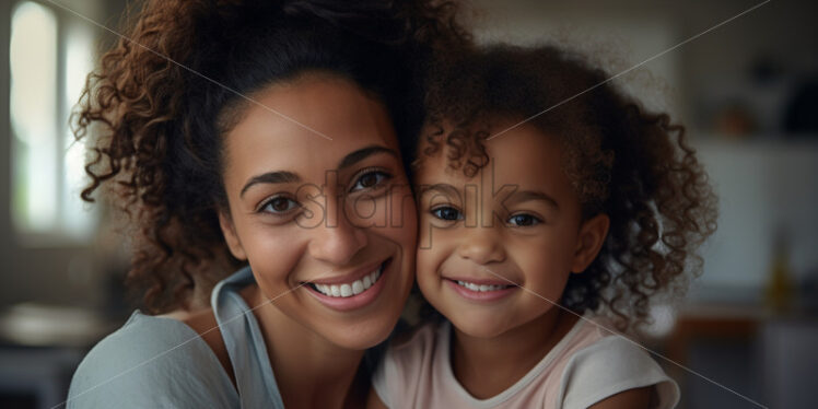 Mom and daughter smiling and hugging in living room - Starpik Stock