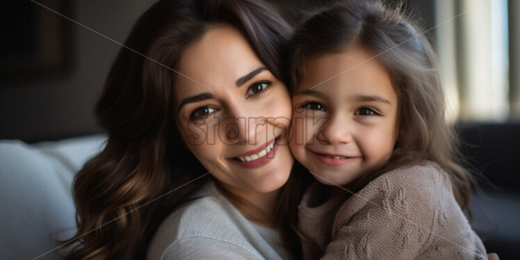 Mom and daughter smiling and hugging in living room - Starpik Stock