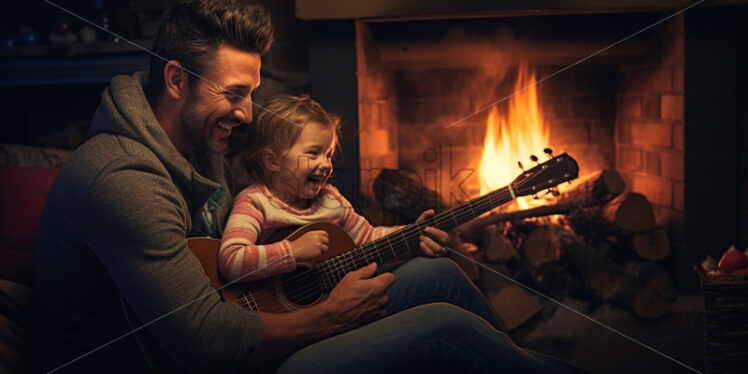 Moments of family sharing laughter and stories around the fireplace - Starpik Stock