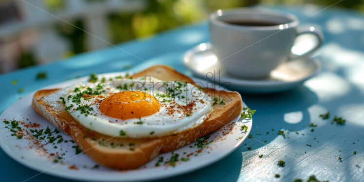 Morning coffee and toast with egg, perfect breakfast - Starpik Stock