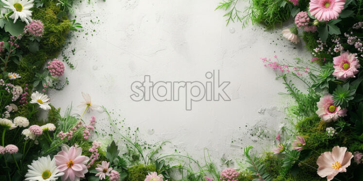 Moss and pastel flowers, view from above, minimal - Starpik Stock