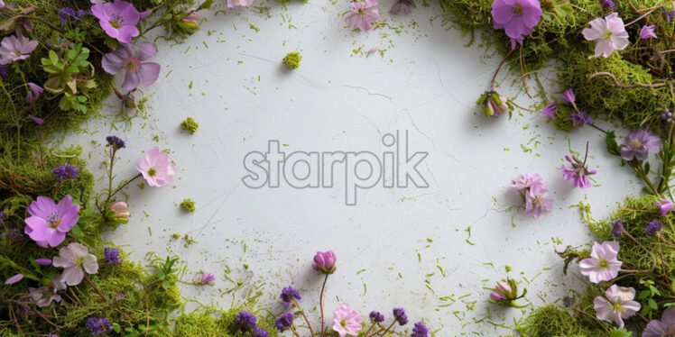 Moss and pastel flowers, view from above, minimal - Starpik Stock