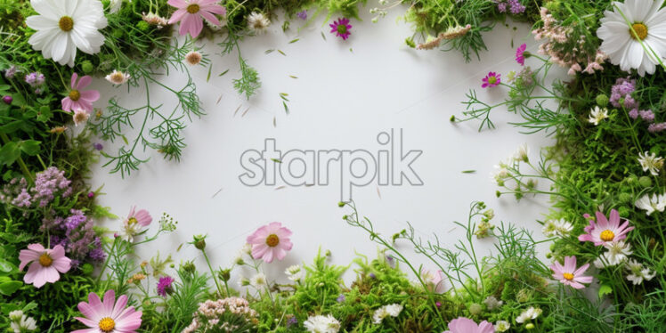 Moss and pastel flowers, view from above, minimal - Starpik Stock