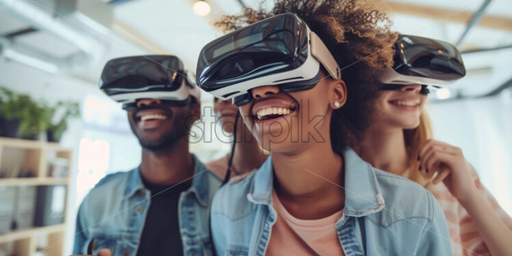 Multiracial friends group playing on VR glasses  - Starpik Stock