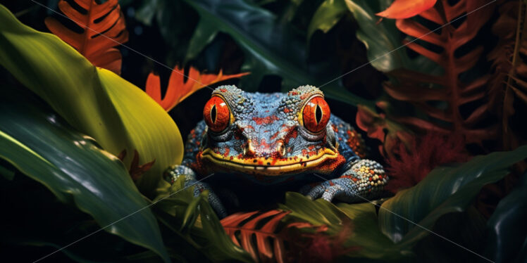 Mysterious and rare jungle amphibians with vibrant patterns, camouflaged among tropical leaves - Starpik Stock