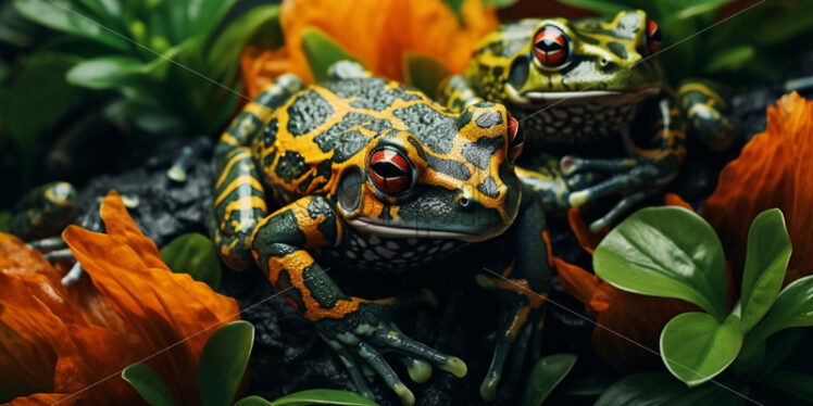 Mysterious and rare jungle amphibians with vibrant patterns, camouflaged among tropical leaves - Starpik Stock