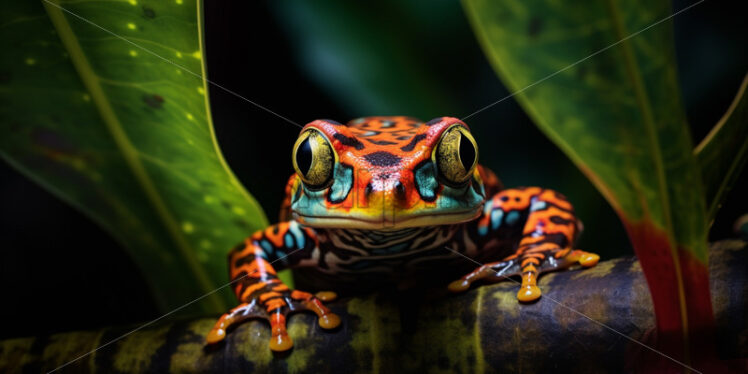 Mysterious and rare jungle amphibians with vibrant patterns, camouflaged among tropical leaves - Starpik Stock