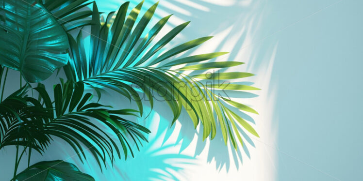 Neon tropical palm leaves shadow on white background - Starpik Stock