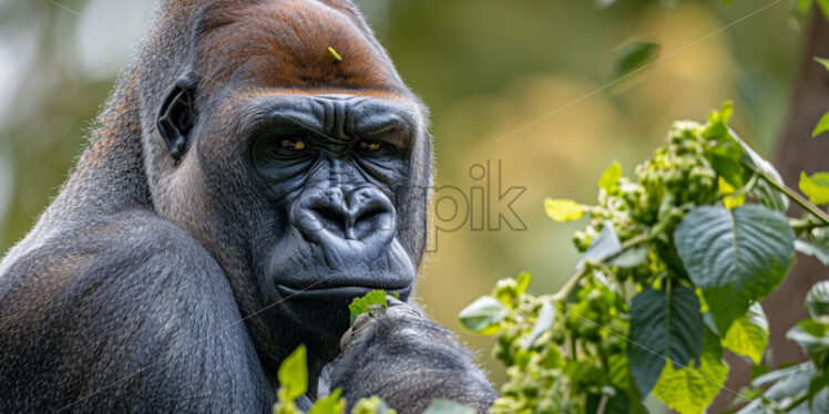 Noble silverback gorilla, the leader of its close-knit family, displaying strength and intelligence - Starpik Stock