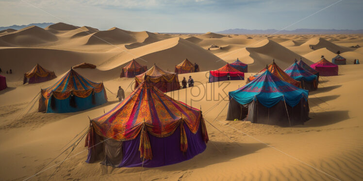  Nomadic tribes setting up colorful tents in the midst of endless sand dunes - Starpik Stock