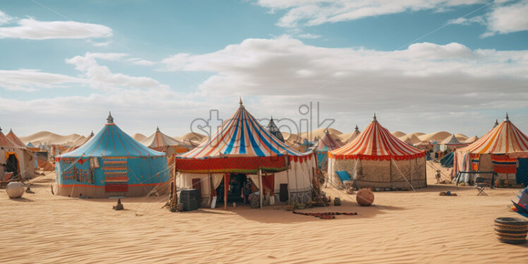 Nomadic tribes setting up colorful tents in the midst of endless sand dunes - Starpik Stock