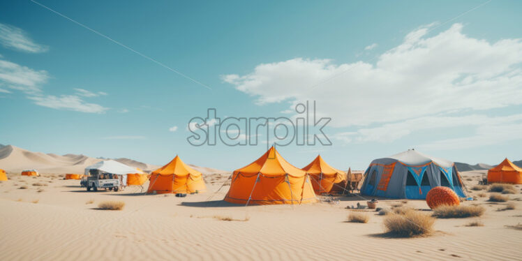 Nomadic tribes setting up colorful tents in the midst of endless sand dunes - Starpik Stock