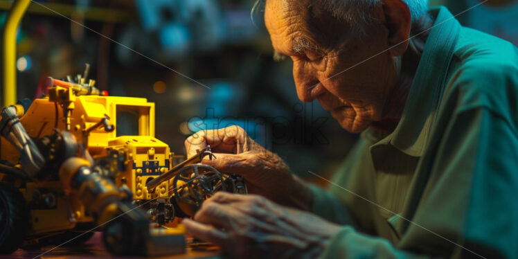 Old man repairing a robot in a workshop - Starpik Stock