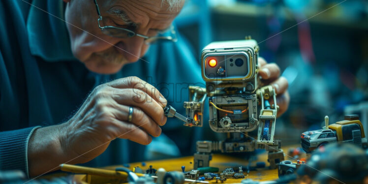 Old senior man repairing a robot technology in his workshop - Starpik Stock