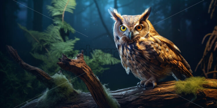 Old, wise-looking owl perched on a gnarled branch, surveying the nocturnal jungle landscape - Starpik Stock