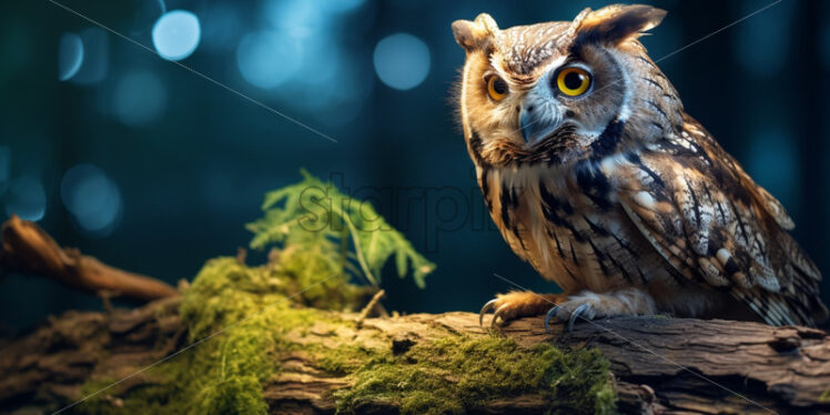 Old, wise-looking owl perched on a gnarled branch, surveying the nocturnal jungle landscape - Starpik Stock