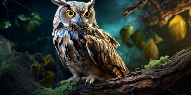 Old, wise-looking owl perched on a gnarled branch, surveying the nocturnal jungle landscape - Starpik Stock