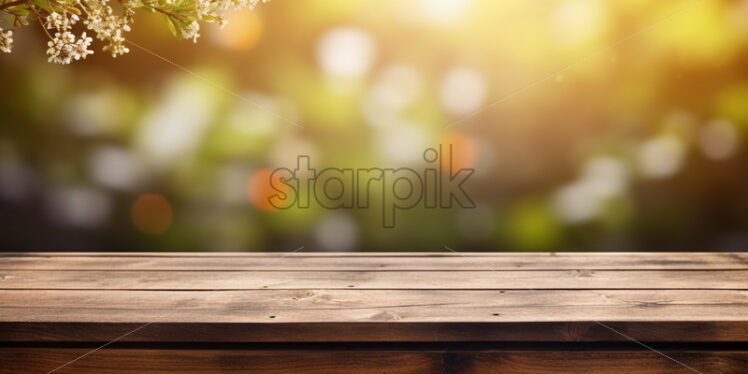 Old wooden table with spring bokeh background - Starpik Stock