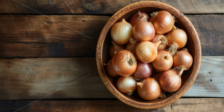 Onions in a wooden bowl on a table - Starpik Stock