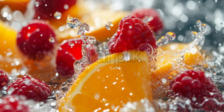 Orange slices and raspberry splash close up juicy - Starpik Stock