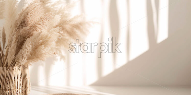 Pampas grass and wicker floral accents in front of a neutral tone - Starpik Stock