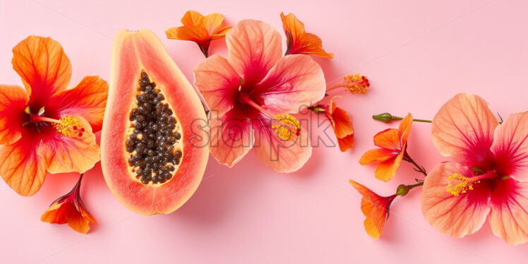 Papaya and hibiscus blooms on pink background - Starpik Stock