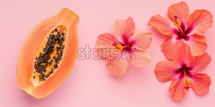 Papaya and hibiscus blooms on pink background - Starpik Stock