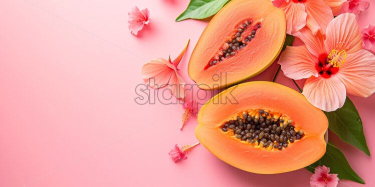 Papaya and hibiscus blooms on pink background - Starpik Stock