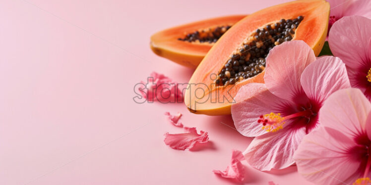 Papaya and hibiscus blooms on pink background - Starpik Stock