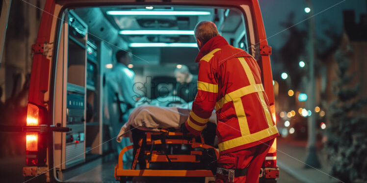 : Paramedic unloading patient at evening emergency - Starpik Stock