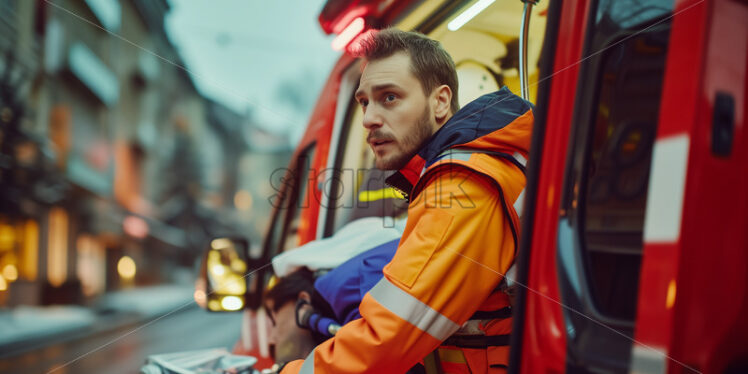 Paramedic unloading patient from red ambulance - Starpik Stock