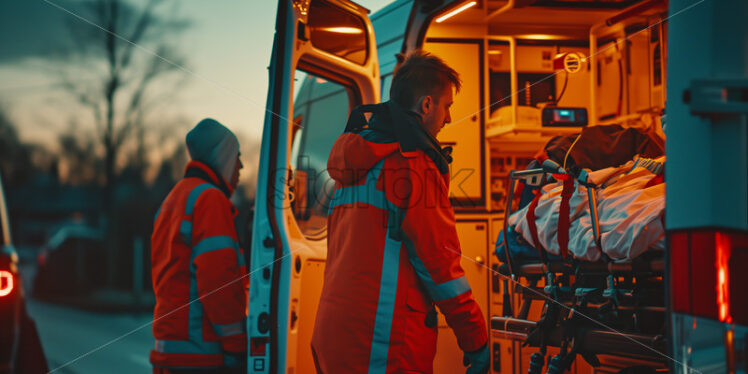 Paramedics unloading patient at dusk - Starpik Stock