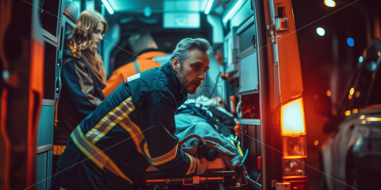 Paramedicsin PPE unloading patient - Starpik Stock