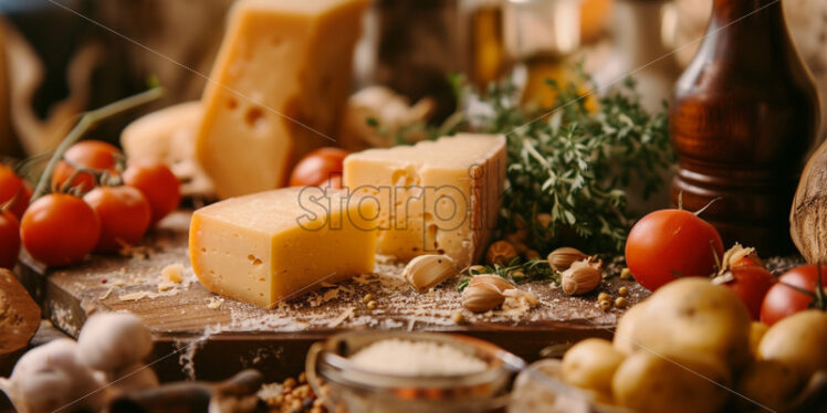 Parmesan cheese on rustic background italian kitchen - Starpik Stock