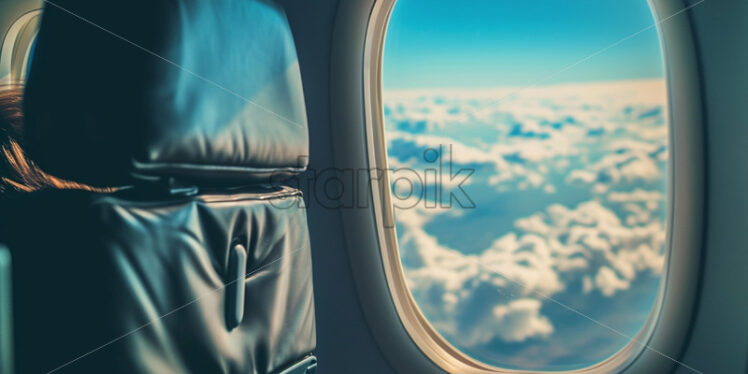 Passenger on an airplane, sitting in an aisle seat and is looking out the window - Starpik Stock