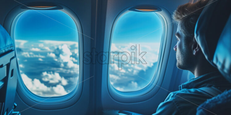 Passenger on an airplane, sitting in an aisle seat and is looking out the window - Starpik Stock