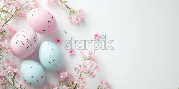 Pastel easter eggs and spring flowers on a white background - Starpik Stock