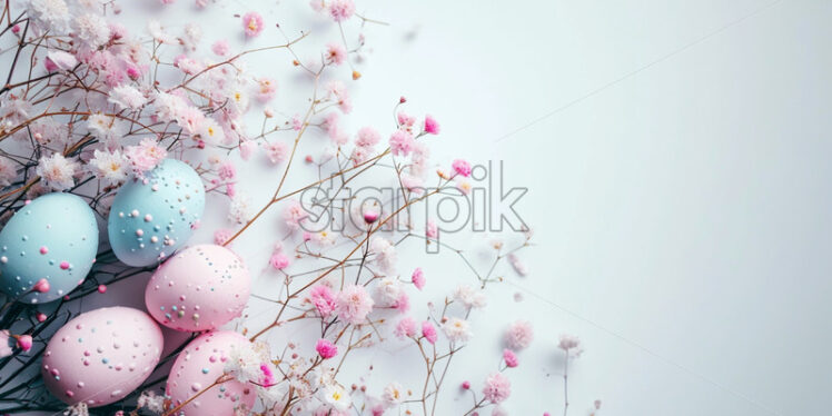 Pastel easter eggs and spring flowers on a white background - Starpik Stock