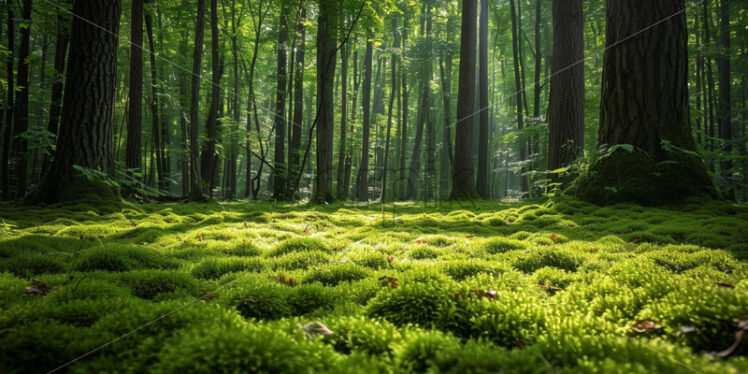 Patches of vibrant moss carpeting the forest floor beneath towering oak trees - Starpik Stock