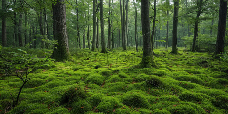 Patches of vibrant moss carpeting the forest floor beneath towering oak trees - Starpik Stock