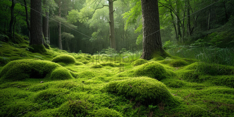 Patches of vibrant moss carpeting the forest floor beneath towering oak trees - Starpik Stock